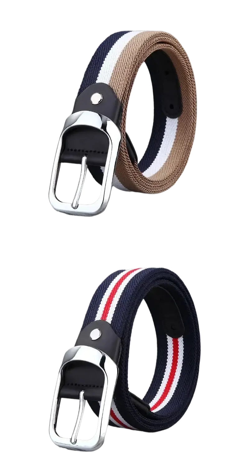 Navy blue and white striped canvas web stripe belt for men with red accent and silver-toned buckle for casual wear