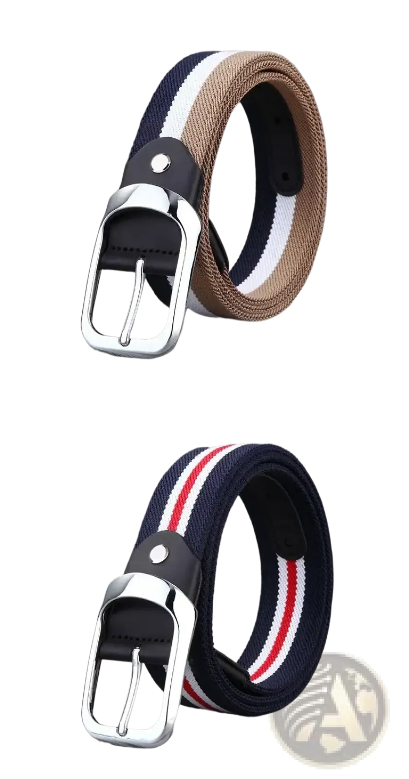 Navy blue and white striped canvas web stripe belt for men with red accent and silver-toned buckle for casual wear