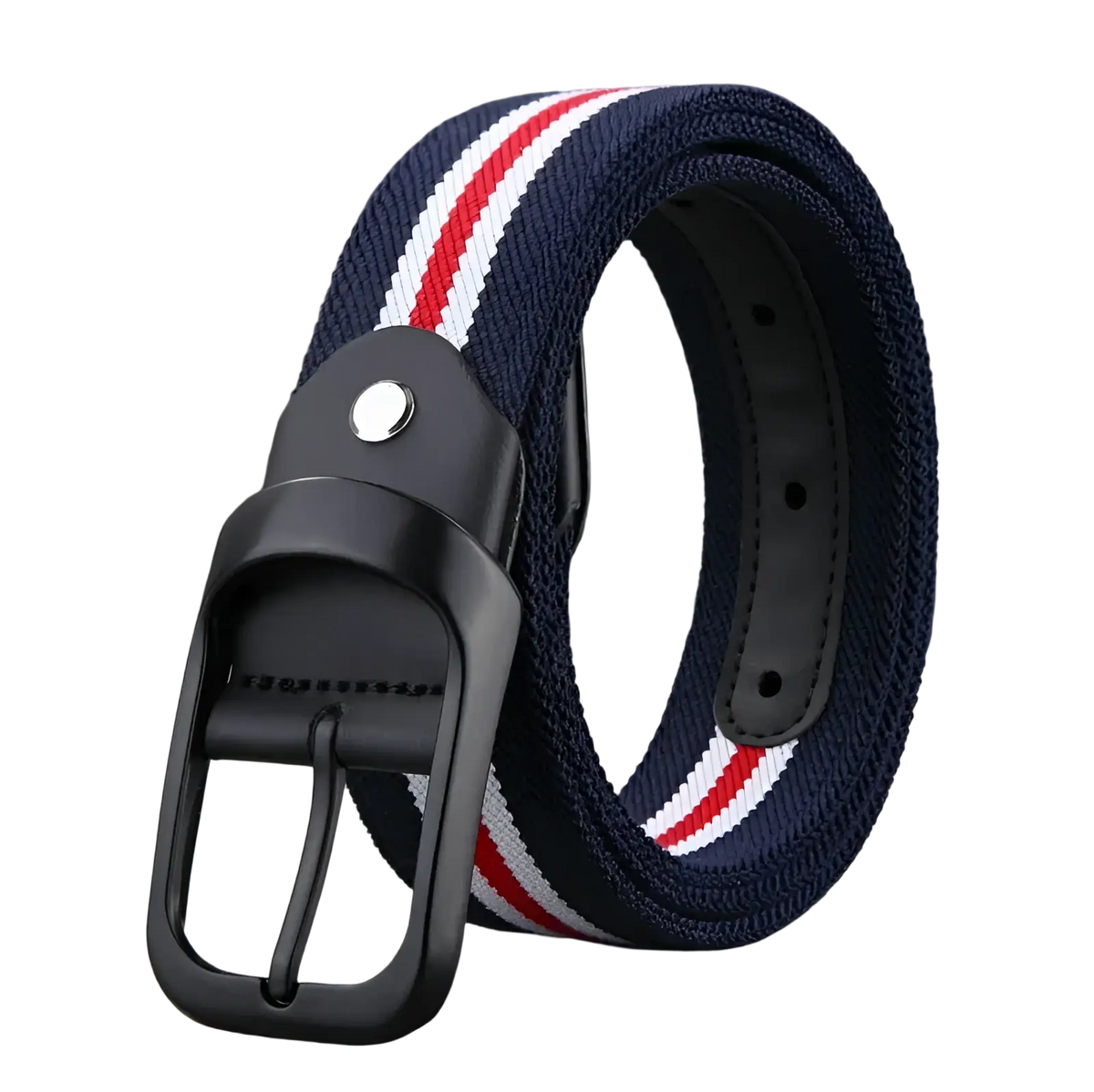 Navy blue canvas web stripe belt for men with red and white stripes and a black metal buckle for casual wear