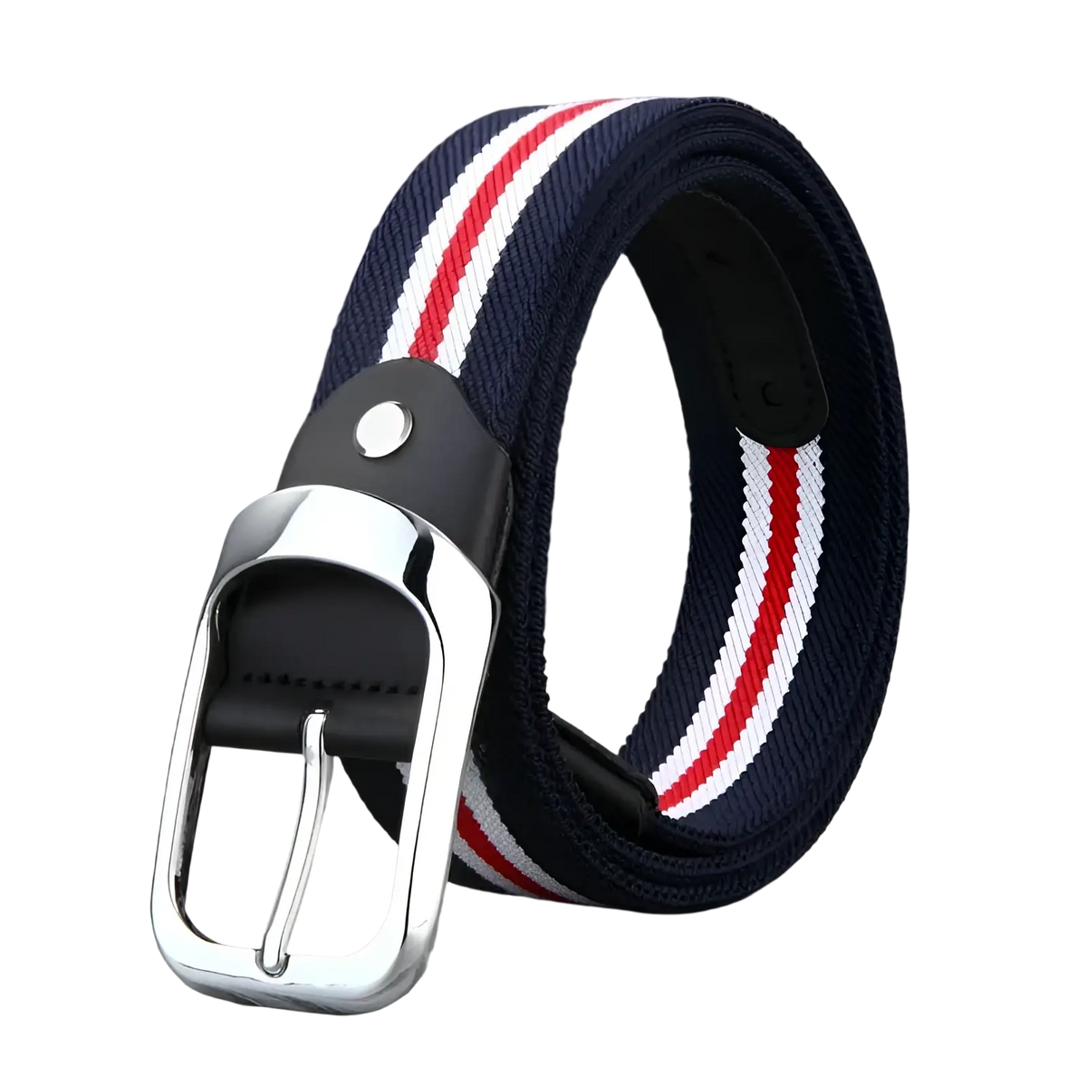 Navy blue canvas web stripe belt for men with red and white stripes, polished silver buckle, and black leather keeper