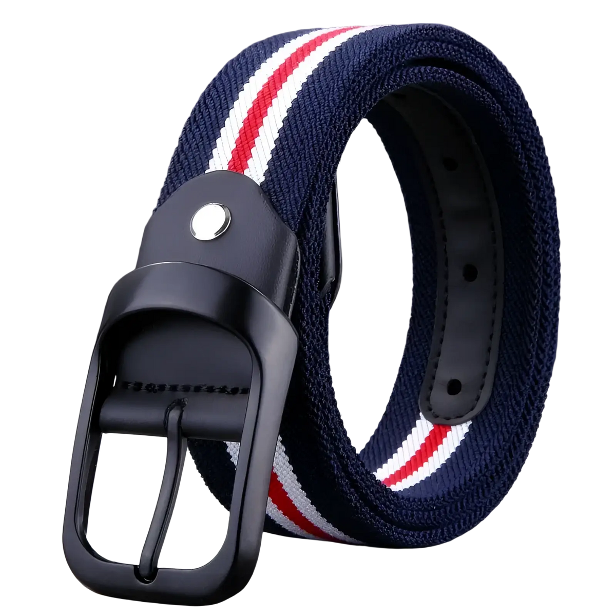 Navy blue canvas web stripe belt for men with red and white woven stripes and a black plastic buckle