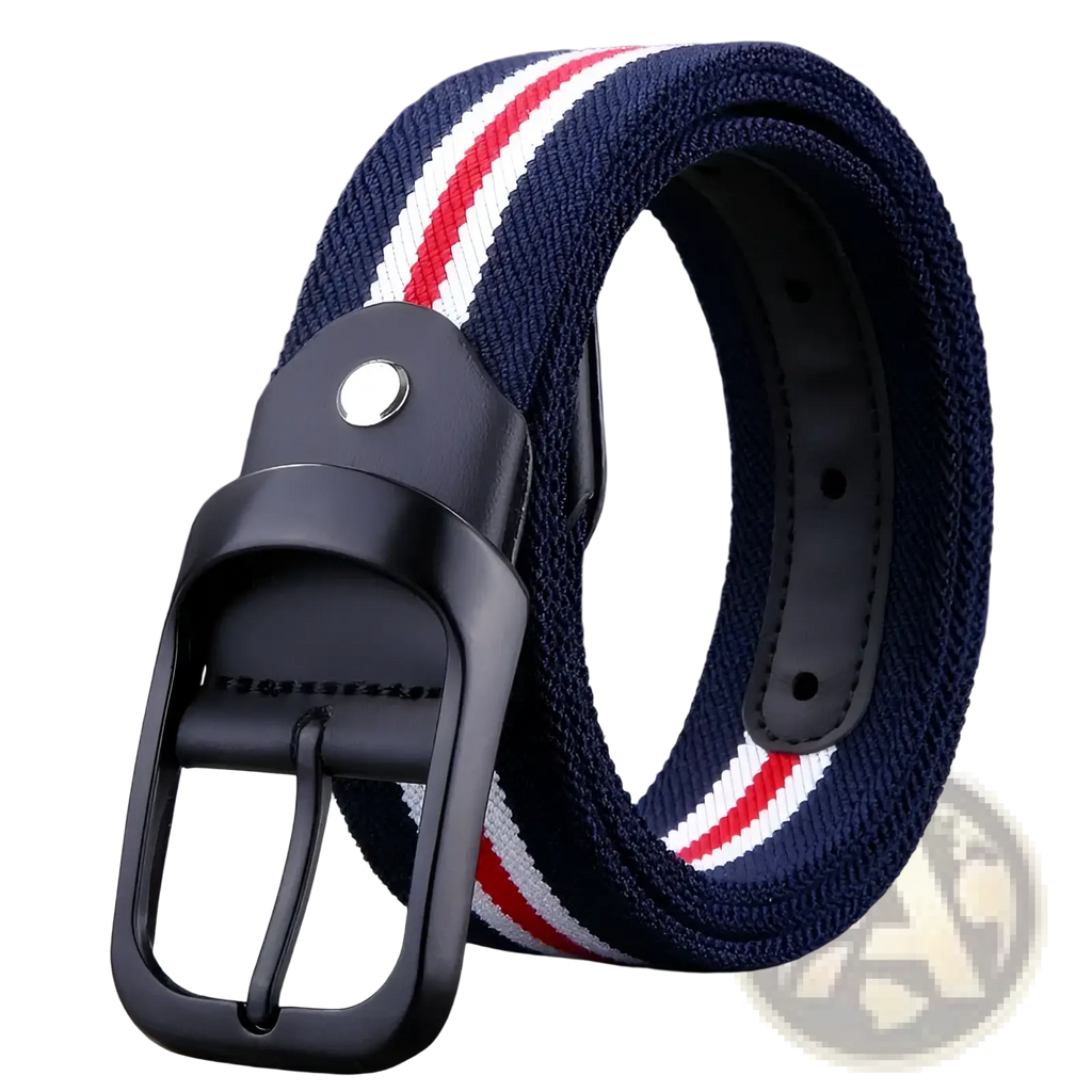 Navy blue canvas web stripe belt for men with red and white woven stripes and a black plastic buckle