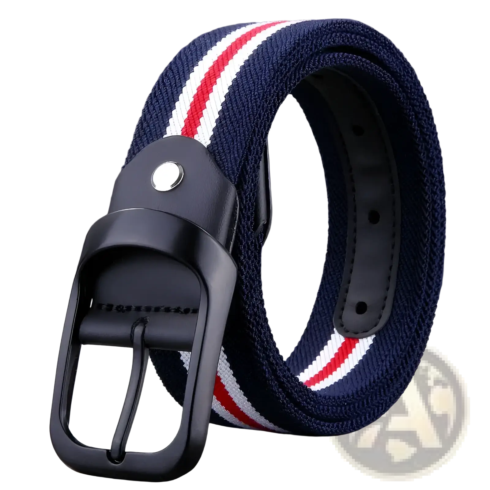 Navy blue canvas web stripe belt for men with red and white woven stripes and a black plastic buckle