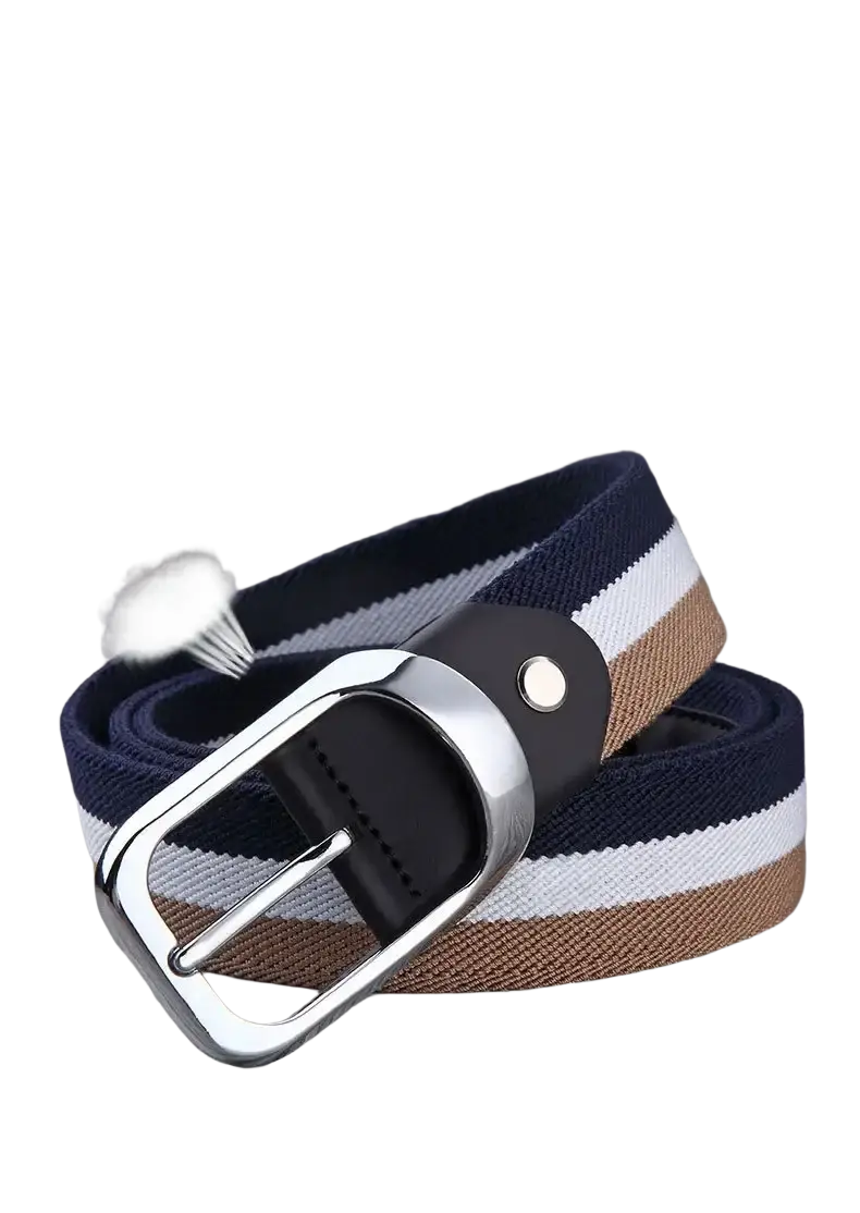 Navy white and tan striped woven canvas web stripe belt for men with a silver toned metal buckle for casual wear