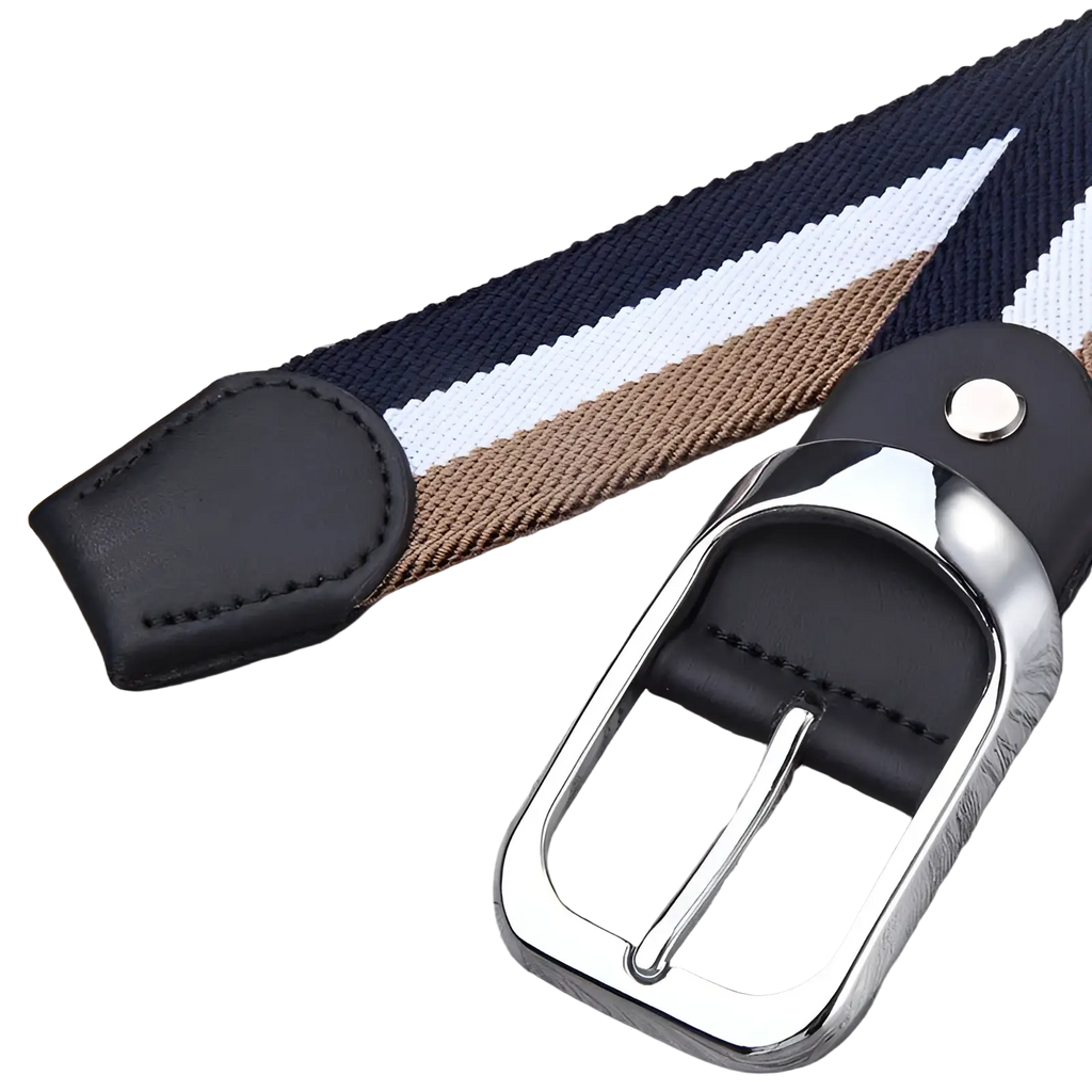 Canvas web stripe belt for men featuring navy white and tan woven stripes with black leather tip and silver buckle