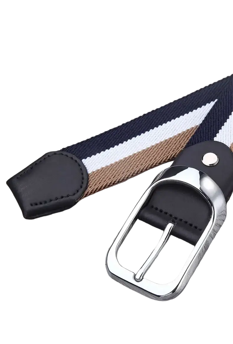 Canvas web stripe belt men casual waistband with navy white and tan stripes navy leather buckle and silver hardware