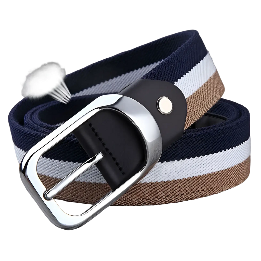 Canvas web stripe belt for men featuring navy white and tan striped canvas with silver buckle and black leather accent