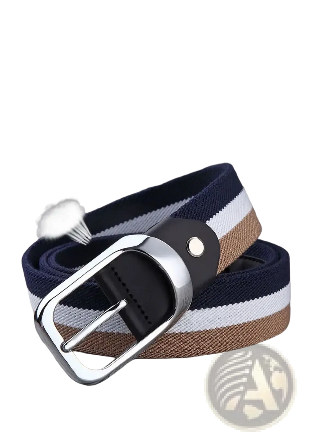 Navy white and tan striped woven canvas web stripe belt for men with a silver toned metal buckle for casual wear