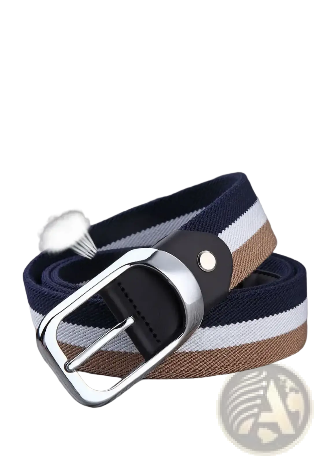 Navy white and tan striped woven canvas web stripe belt for men with a silver toned metal buckle for casual wear