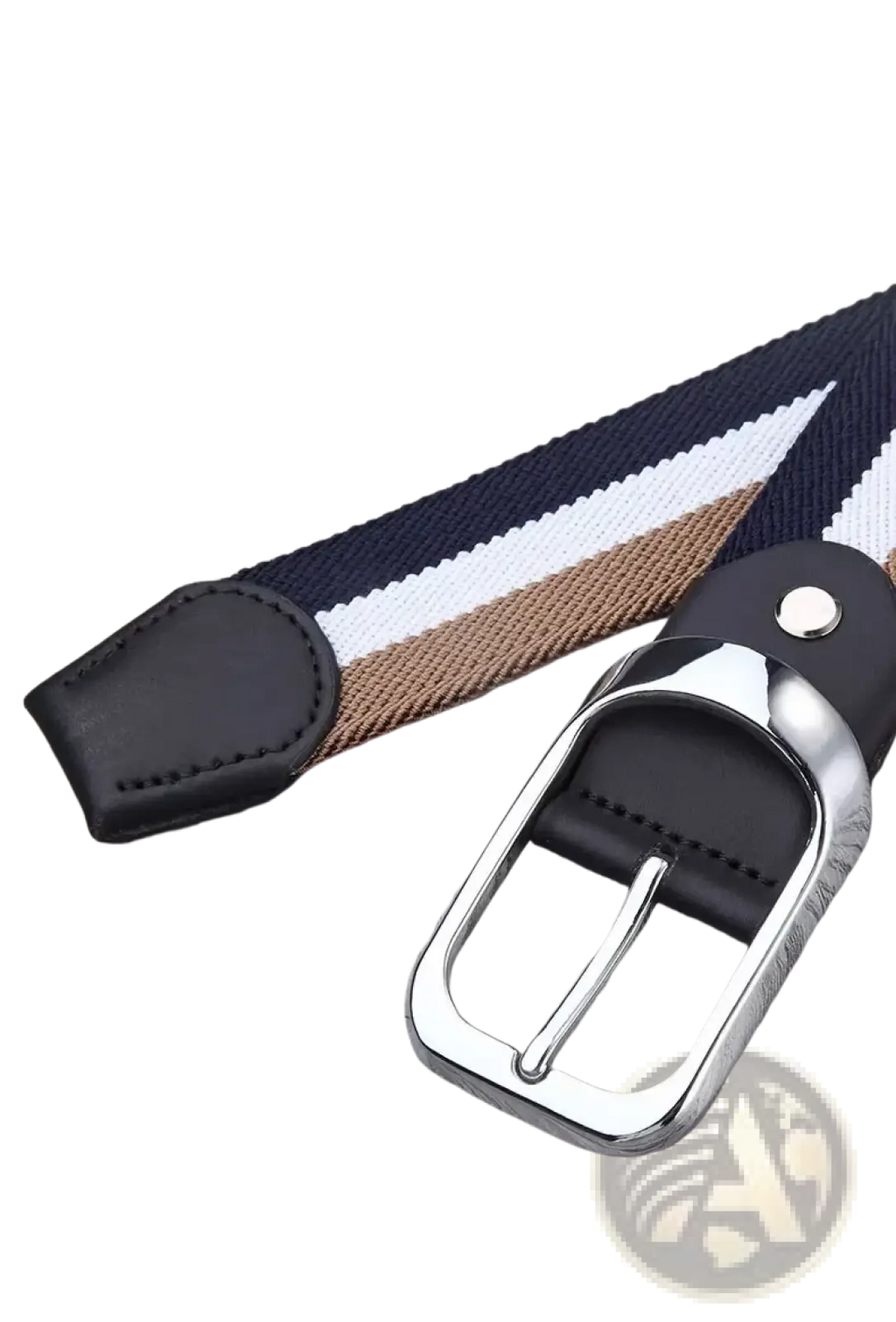 Canvas web stripe belt men casual waistband with navy white and tan stripes navy leather buckle and silver hardware
