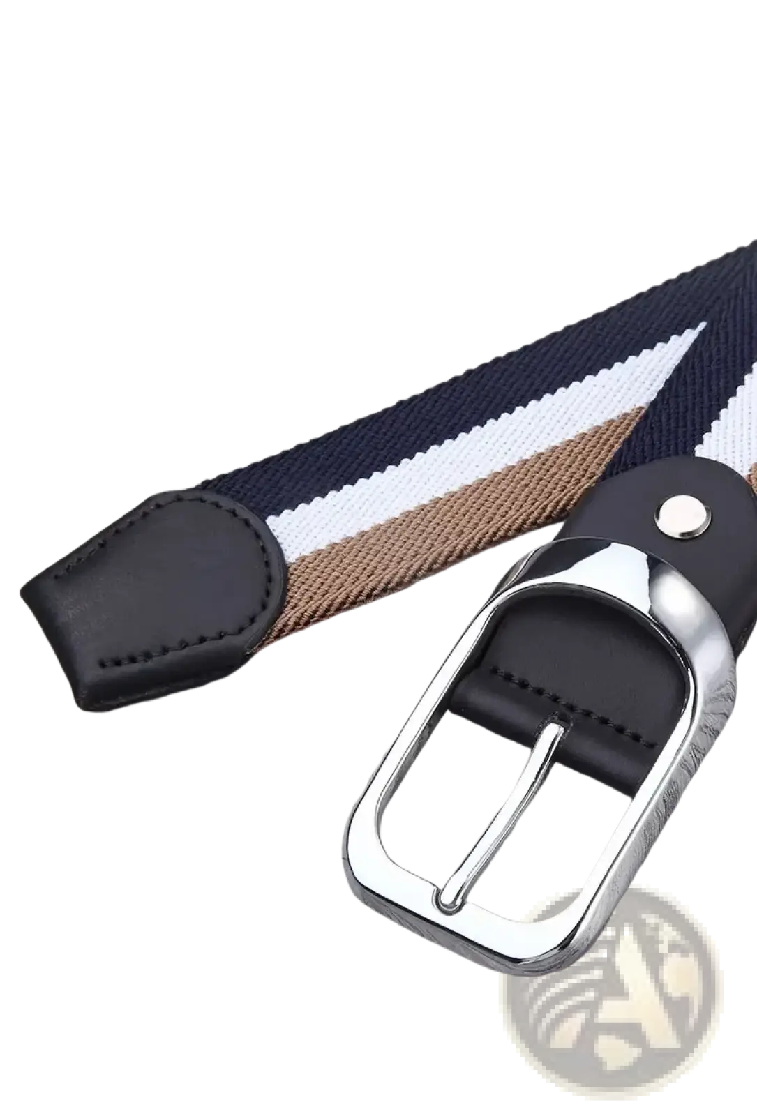 Canvas web stripe belt men casual waistband with navy white and tan stripes navy leather buckle and silver hardware