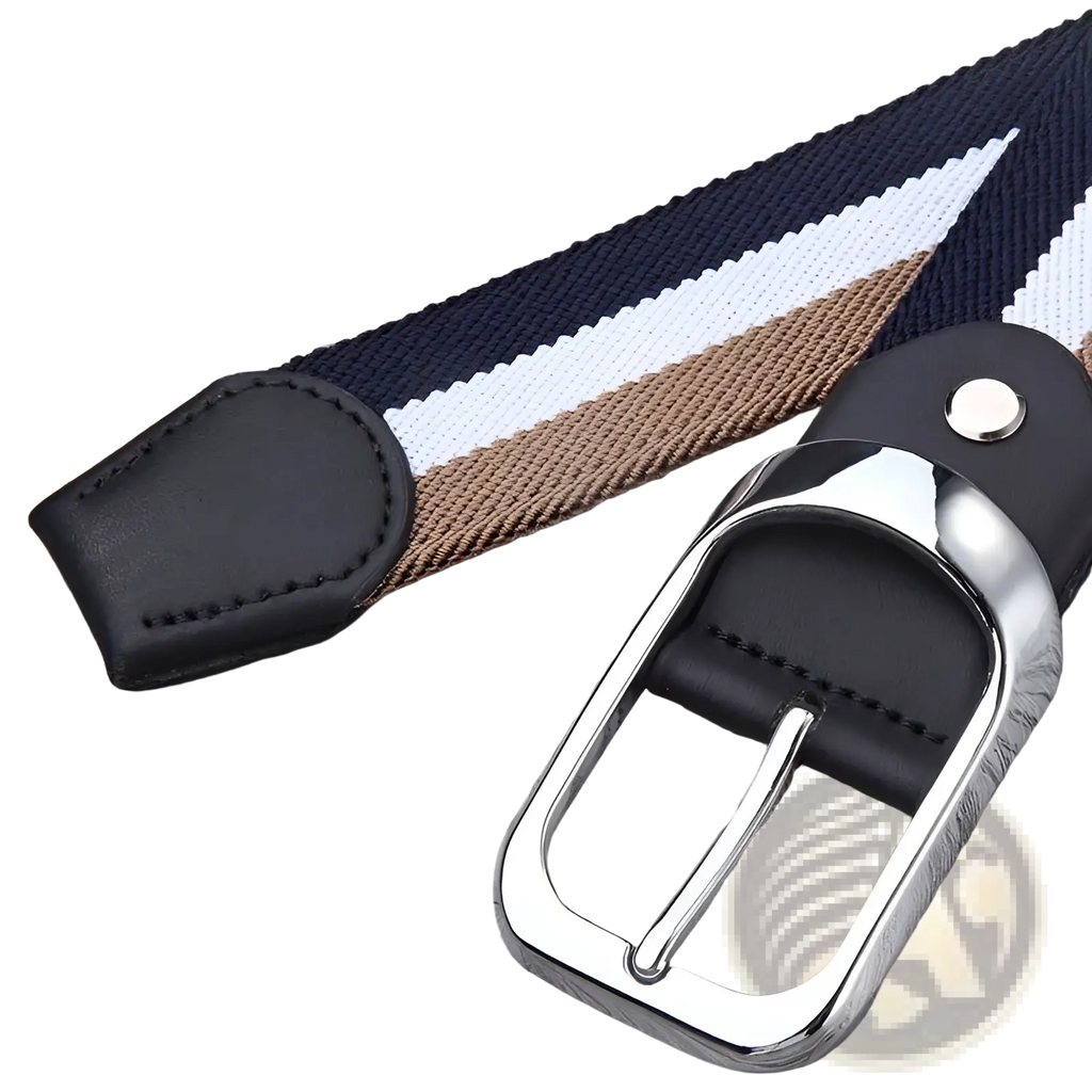 Canvas web stripe belt for men featuring navy white and tan woven stripes with black leather tip and silver buckle