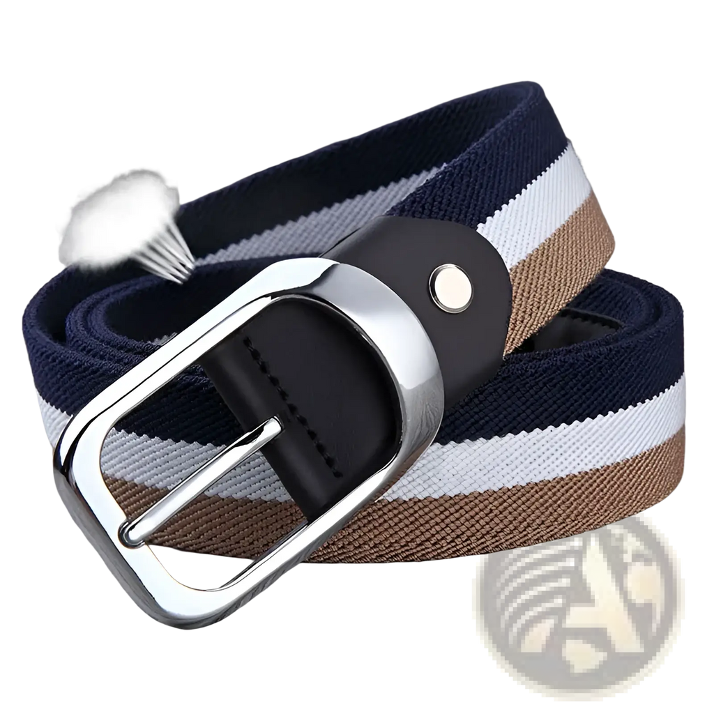 Canvas web stripe belt for men featuring navy white and tan striped canvas with silver buckle and black leather accent