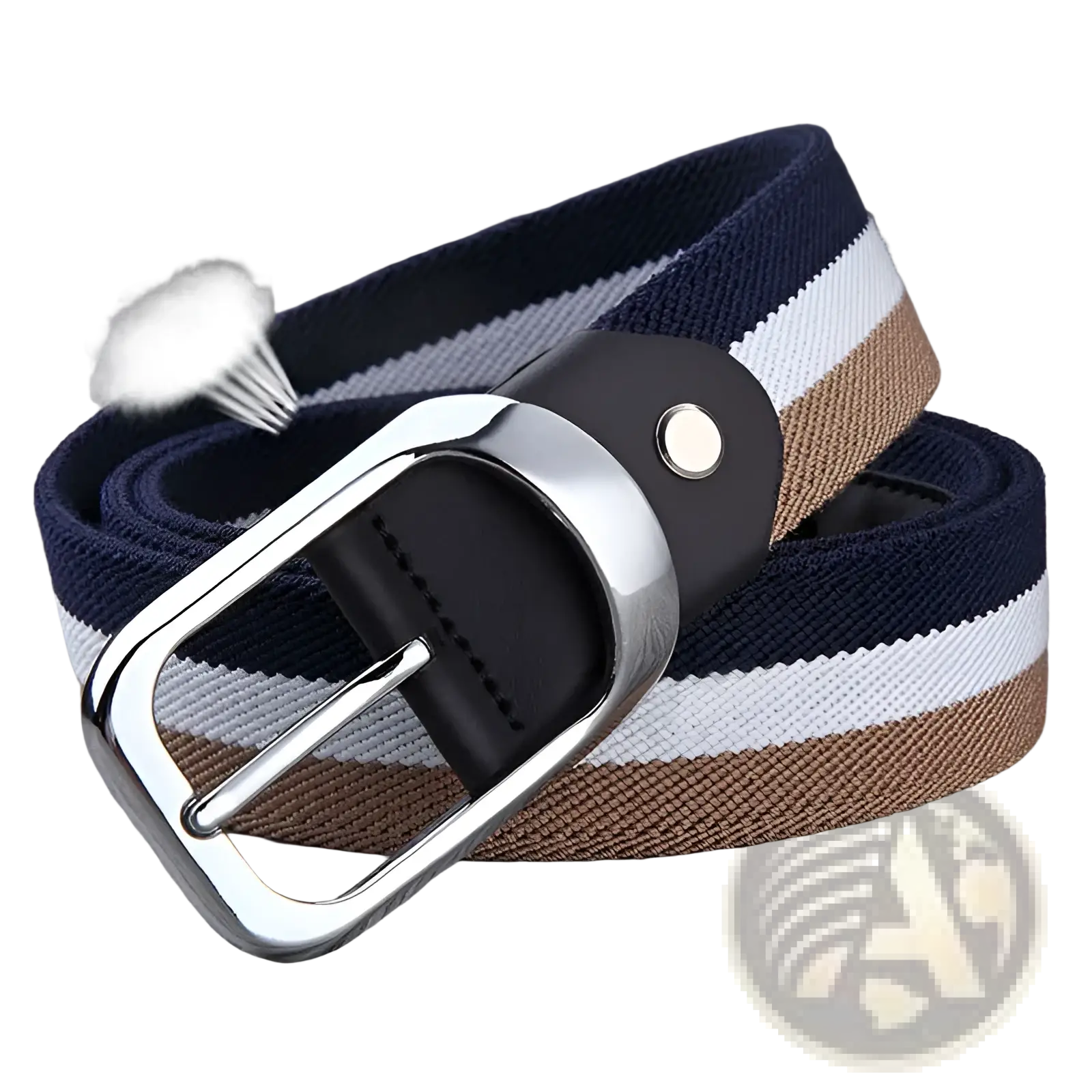 Canvas web stripe belt for men featuring navy white and tan striped canvas with silver buckle and black leather accent
