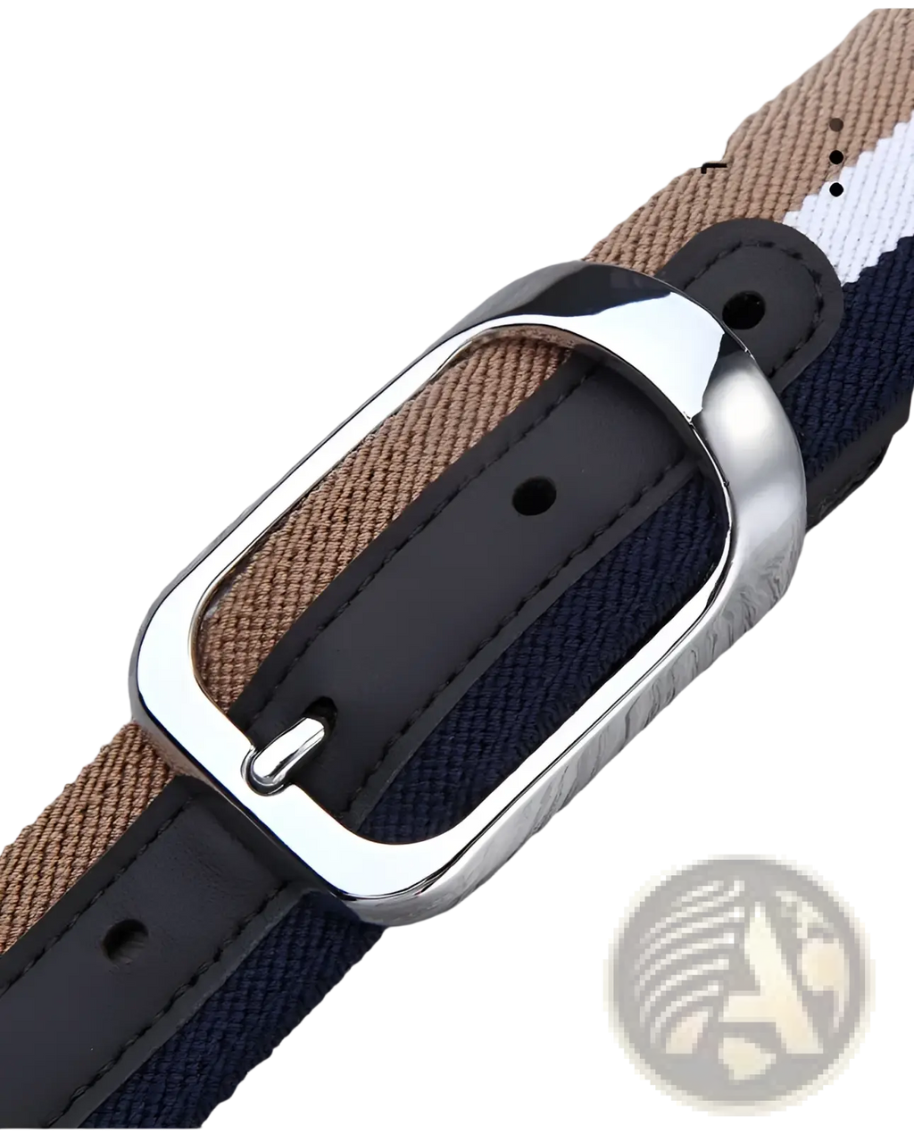Silver-toned metal buckle with a rectangular polished design fastened to a navy blue and tan striped canvas web stripe belt for men