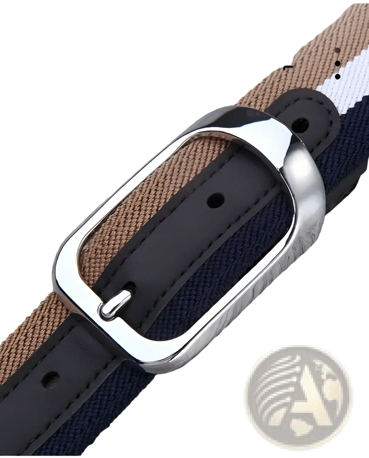 Silver-toned metal buckle with a rectangular polished design fastened to a navy blue and tan striped canvas web stripe belt for men