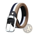 A stylish canvas web stripe belt for men with navy white tan stripes silver buckle and black leather accents