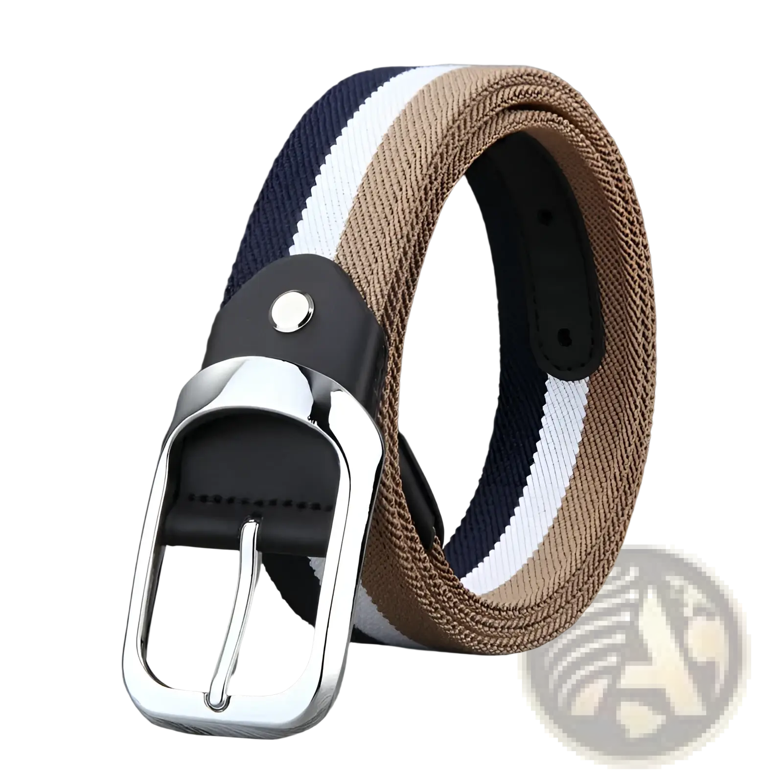 A stylish canvas web stripe belt for men with navy white tan stripes silver buckle and black leather accents