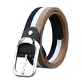 A stylish canvas web stripe belt for men with navy white tan stripes silver buckle and black leather accents