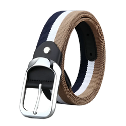 A stylish canvas web stripe belt for men with navy white tan stripes silver buckle and black leather accents