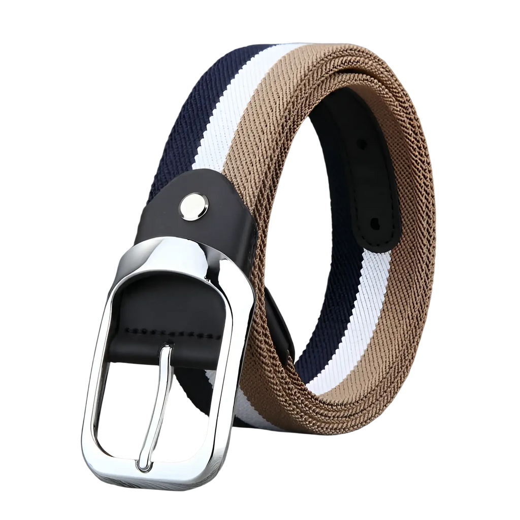 Canvas web stripe belt men casual waistband with navy white tan woven stripes silver buckle and black leather accents