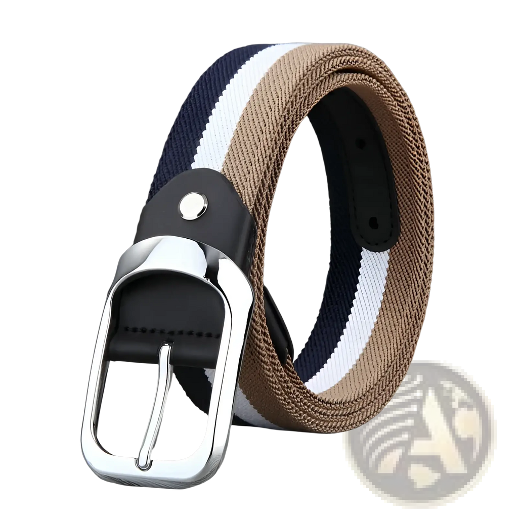 Canvas web stripe belt men casual waistband with navy white tan woven stripes silver buckle and black leather accents