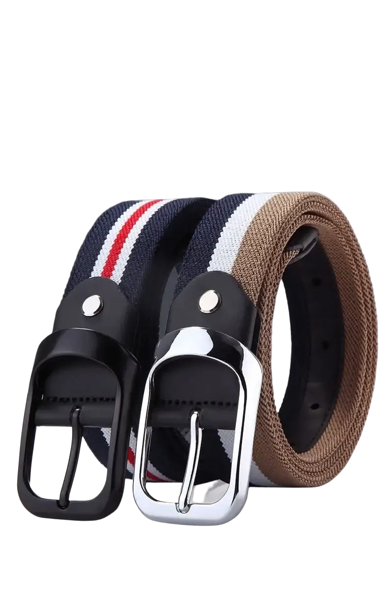 Two elastic woven canvas web stripe belts for men one navy white striped with red accents black buckle one solid tan with silver buckle