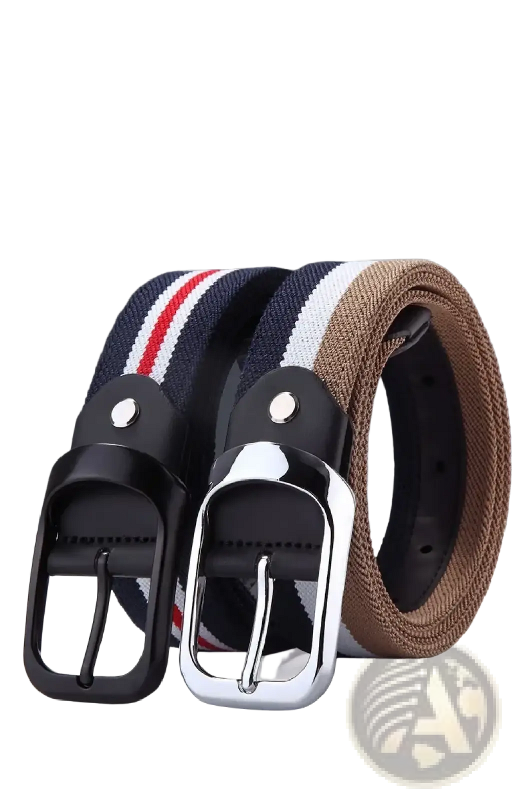 Two elastic woven canvas web stripe belts for men one navy white striped with red accents black buckle one solid tan with silver buckle