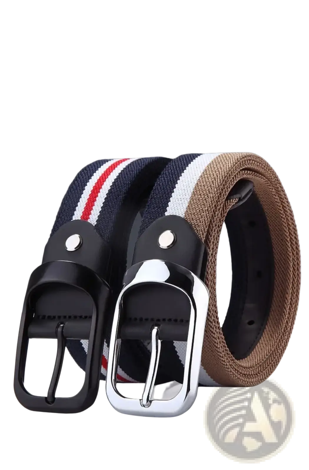 Two elastic woven canvas web stripe belts for men one navy white striped with red accents black buckle one solid tan with silver buckle