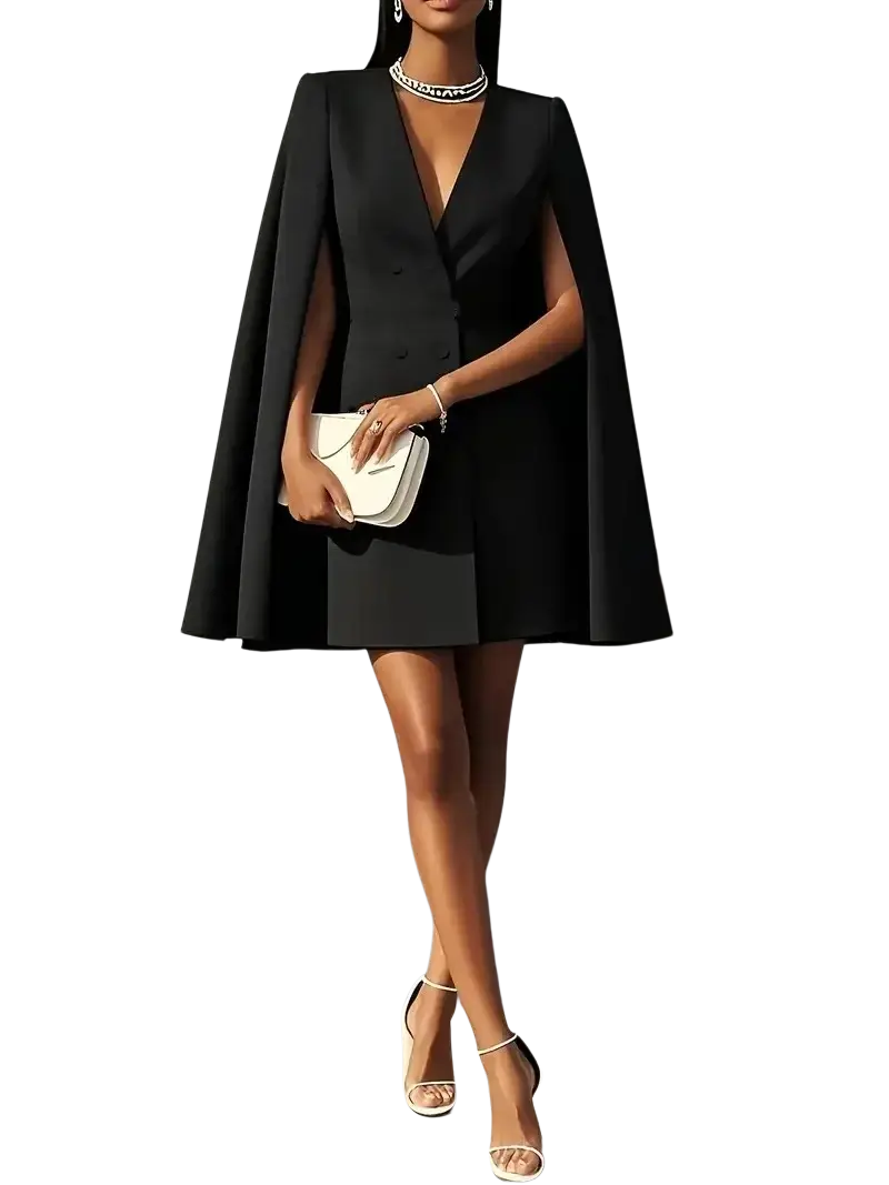 Black cape blazer dress with double breasted structured bodice v-neck and flared skirt in cape style