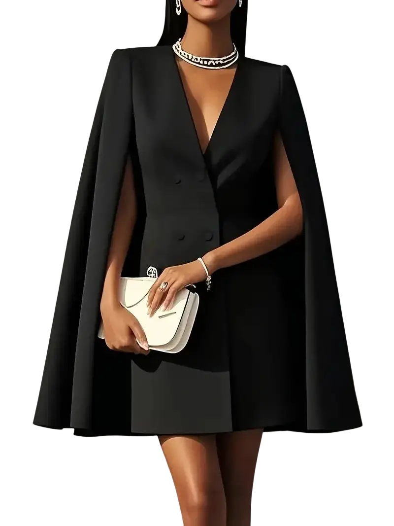 Black cape blazer dress with deep v-neckline structured shoulders and double-breasted front for formal wear