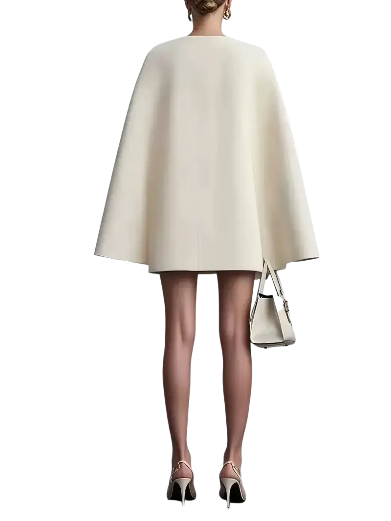 Cream-colored wool cape blazer dress with double breasted v-neck and soft minimalist draping silhouette