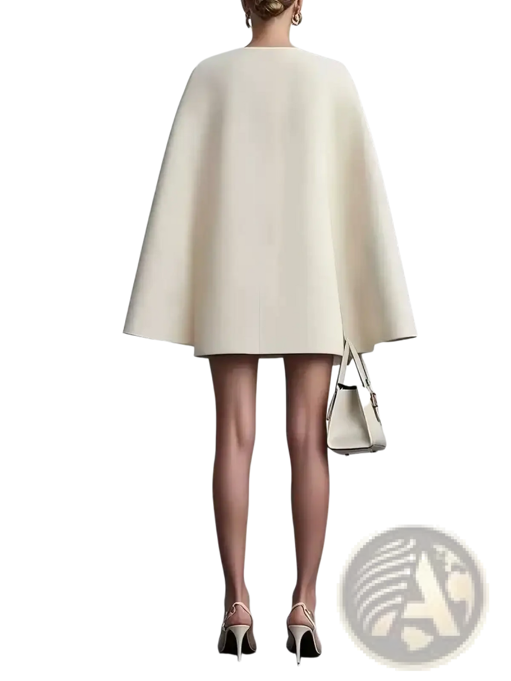 Cream-colored wool cape blazer dress with double breasted v-neck and soft minimalist draping silhouette