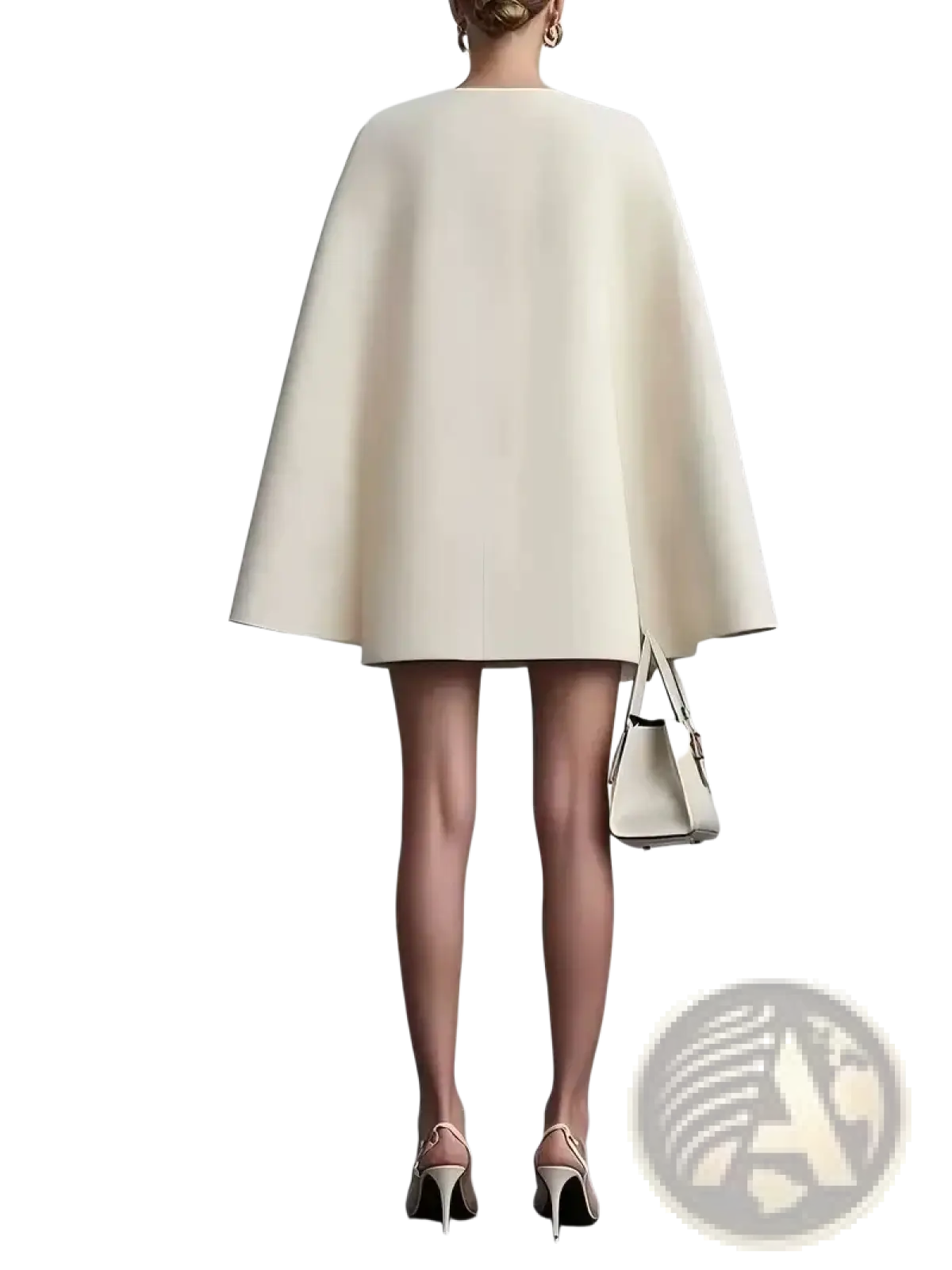 Cream-colored wool cape blazer dress with double breasted v-neck and soft minimalist draping silhouette