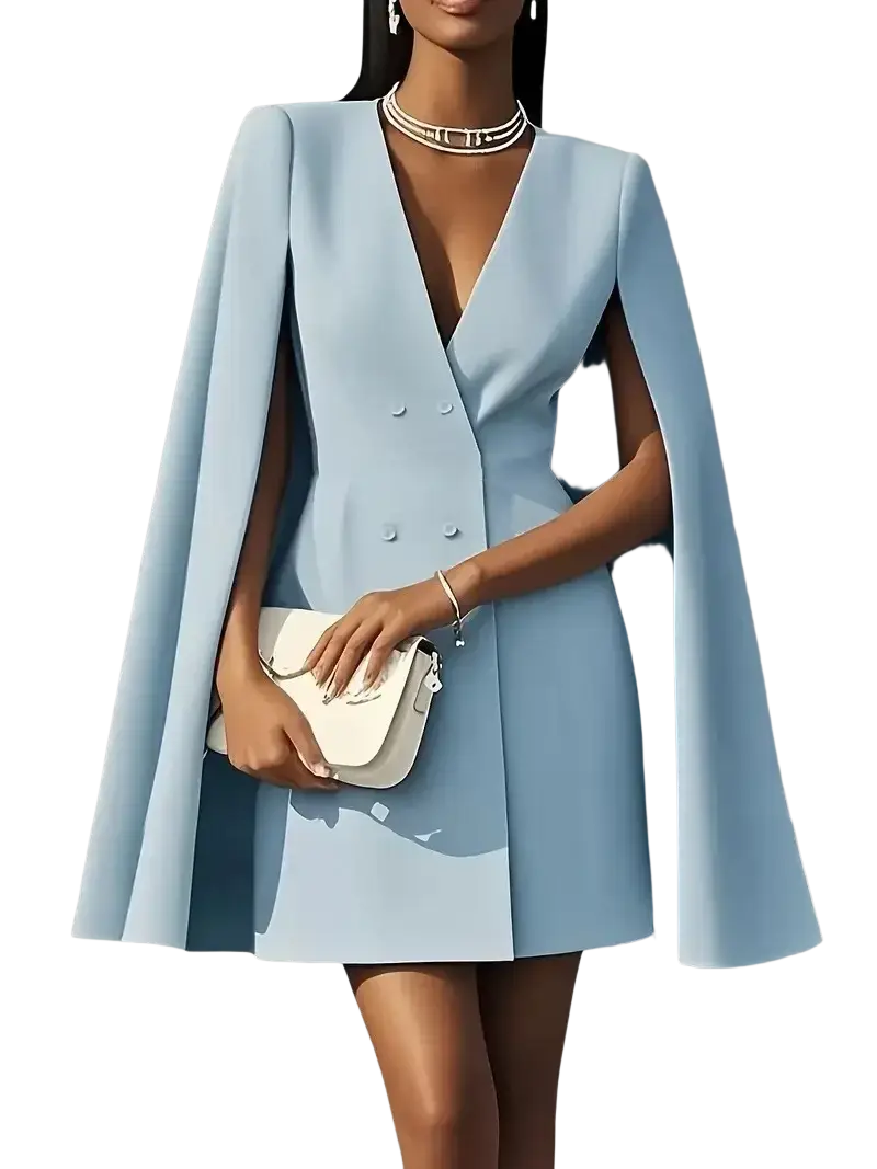 A light blue cape blazer dress with double-breasted front, v-neck, and flared sleeves in a cape style