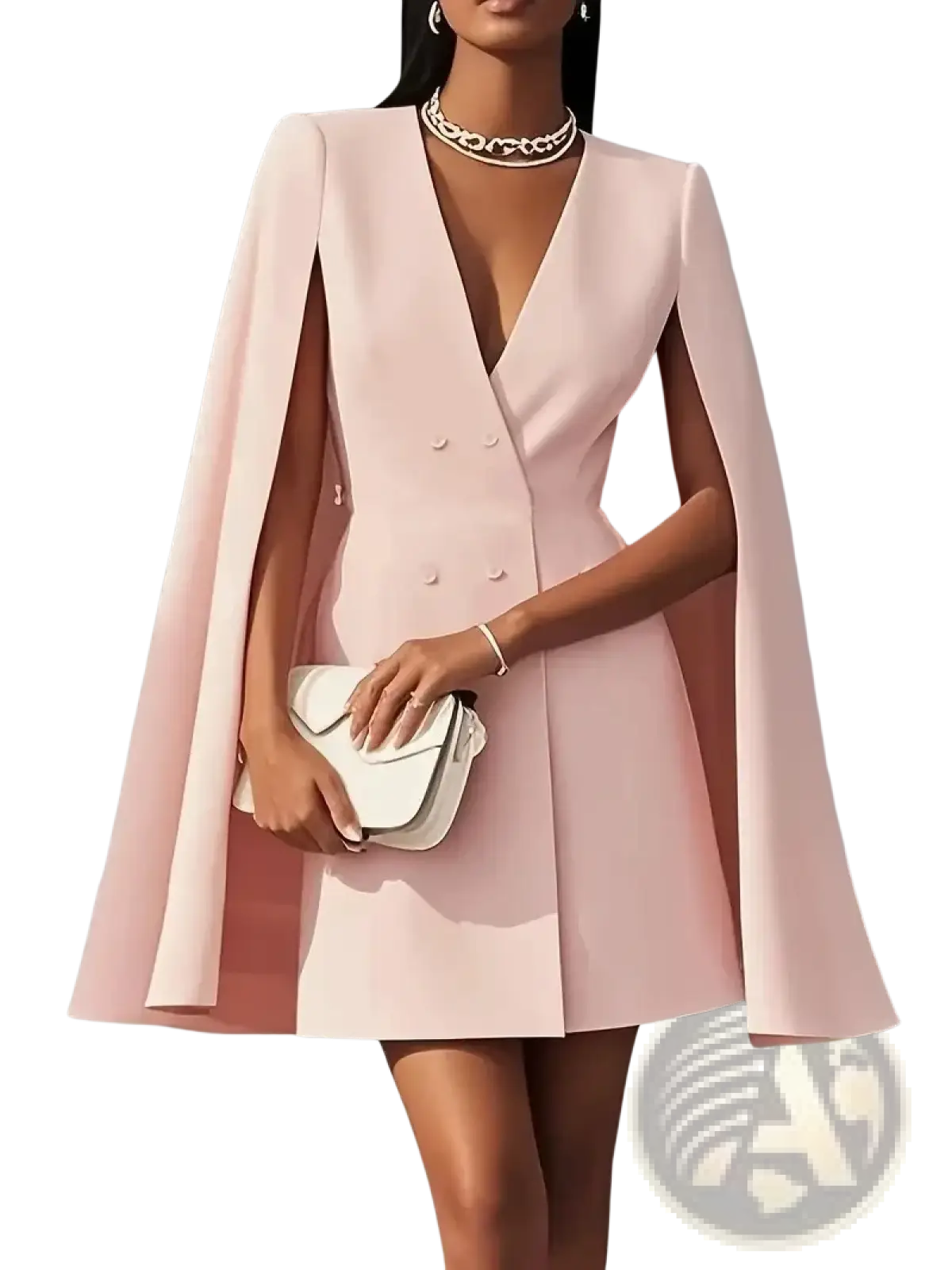 A soft pink cape blazer dress with a double breasted front and flared sleeves in a v neck design