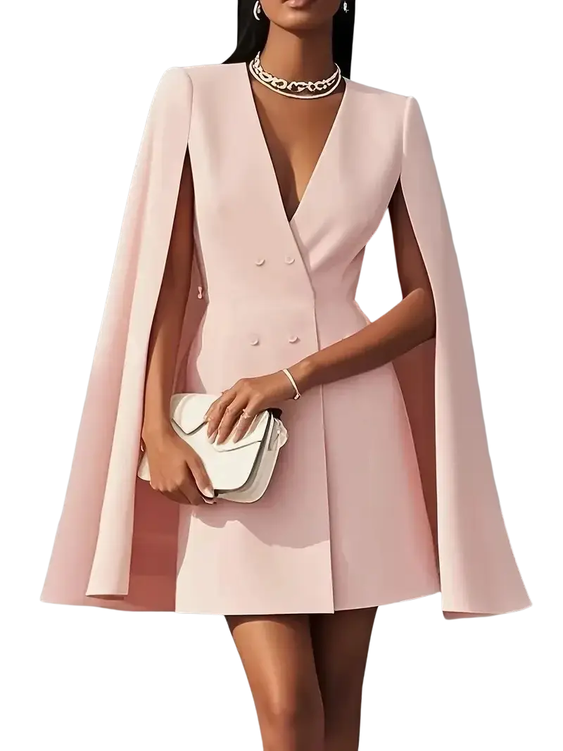 A soft pink cape blazer dress with a double breasted front and flared sleeves in a v neck design