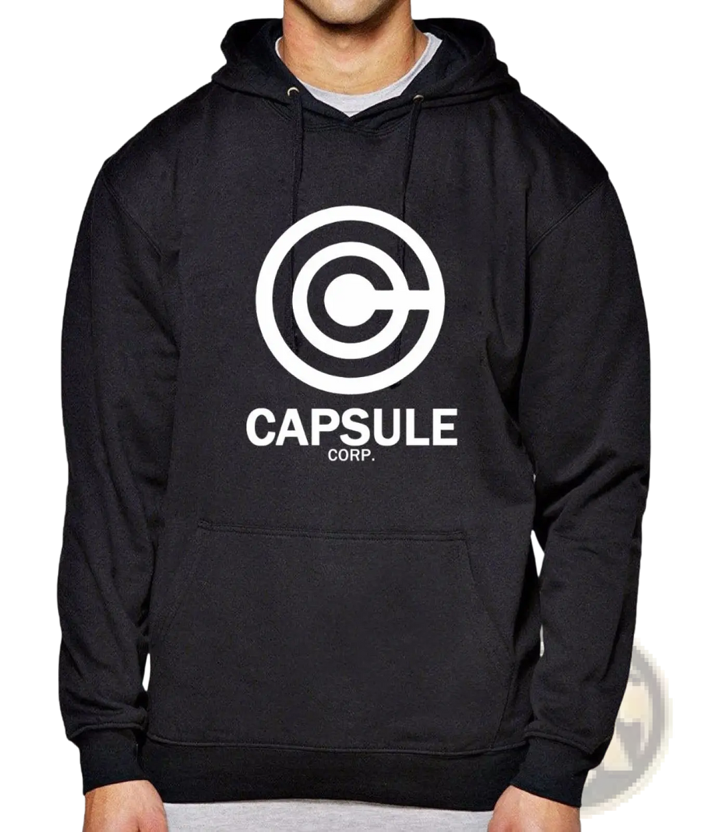 Black hoodie featuring a white circular capsule corp logo for hip hop streetwear and casual wear