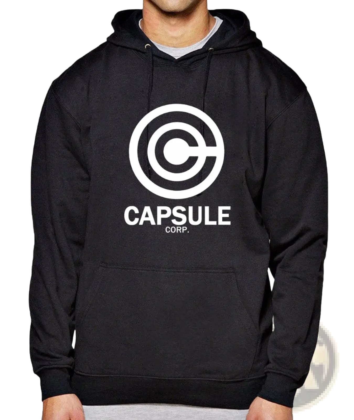 Black hoodie featuring a white circular capsule corp logo for hip hop streetwear and casual wear