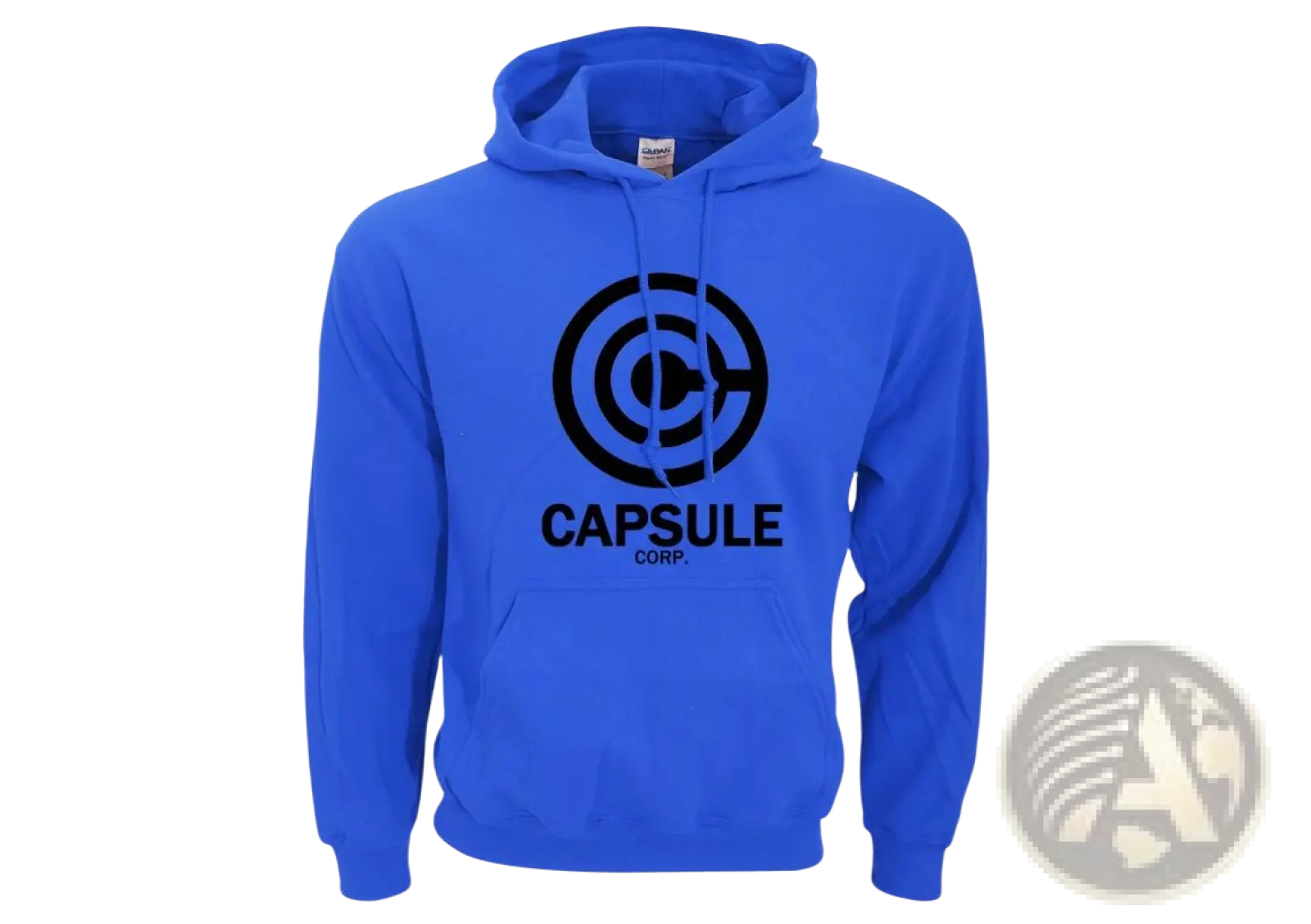Bright blue capsule corp hoodie with black circular logo designed for hip hop streetwear fashion