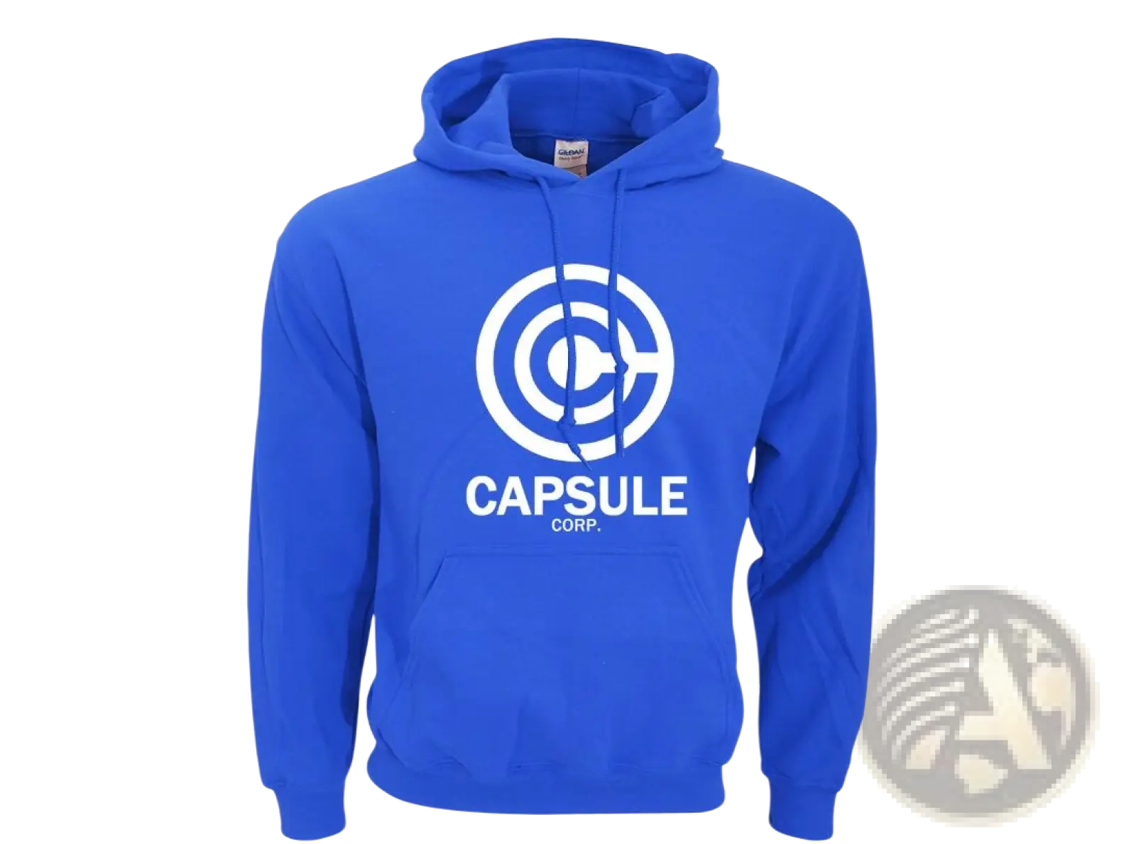 Bright blue hoodie with white Capsule Corp graphic print designed for hip hop streetwear