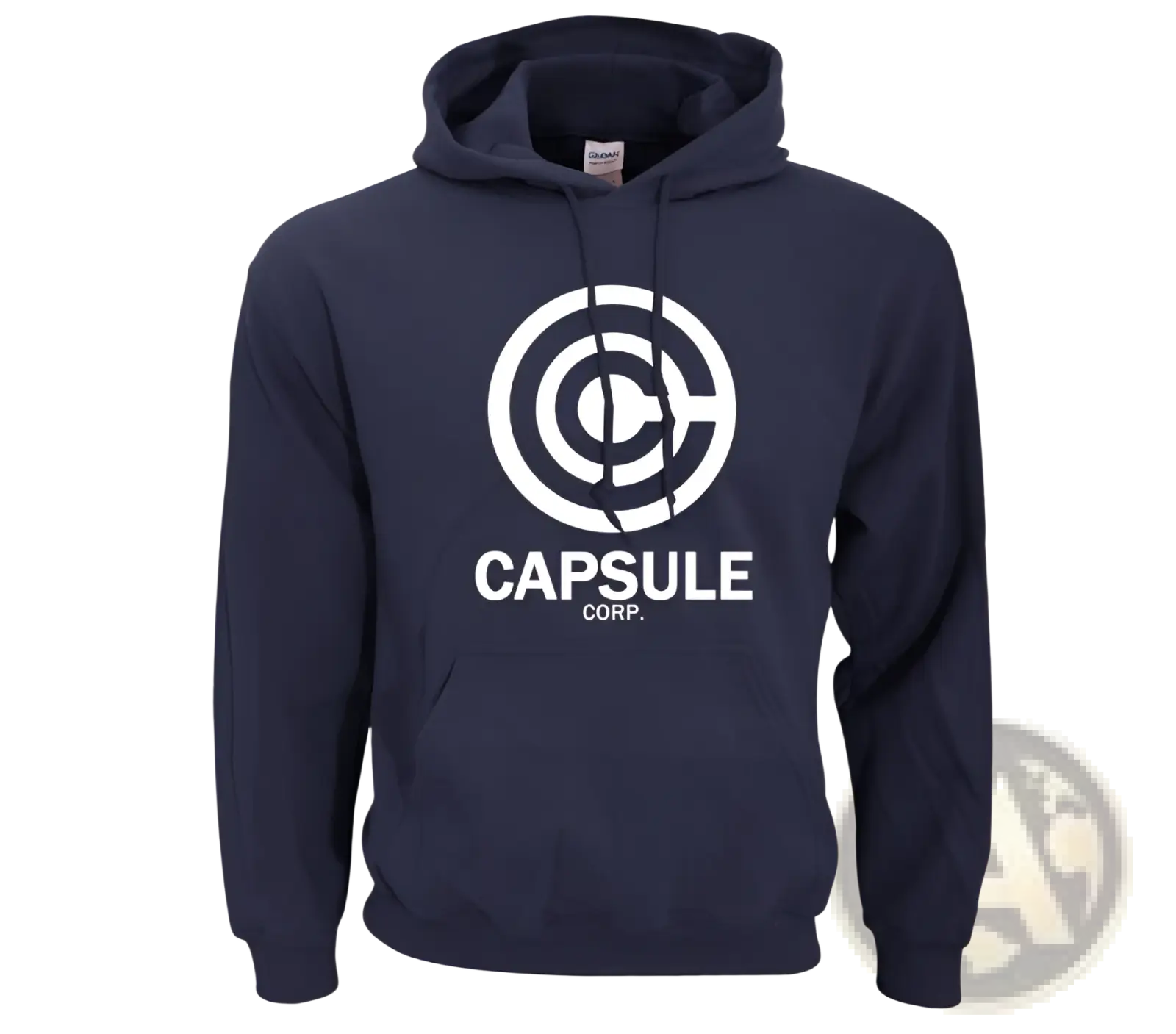 Navy blue hoodie with white Capsule Corp graphic print designed for hip hop streetwear fashion