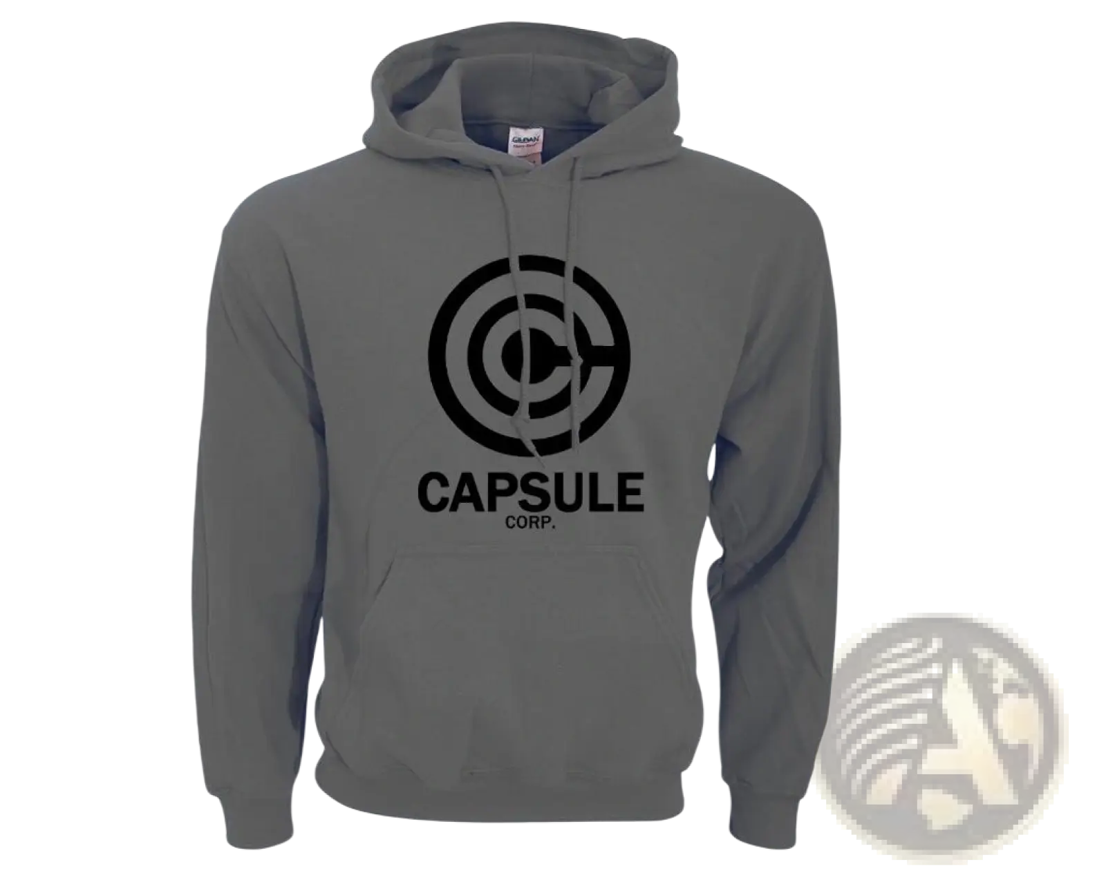 Gray hoodie featuring a black circular capsule corp logo and text designed for hip hop streetwear style