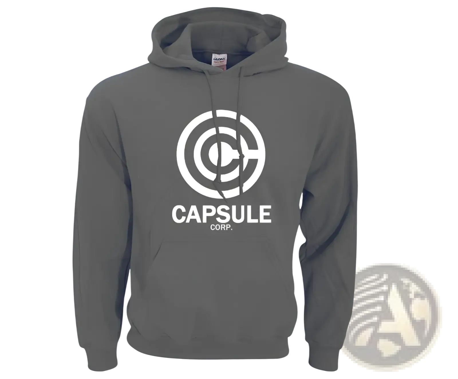 Gray hoodie featuring a white circular capsule corp logo below it for hip hop streetwear style and comfort