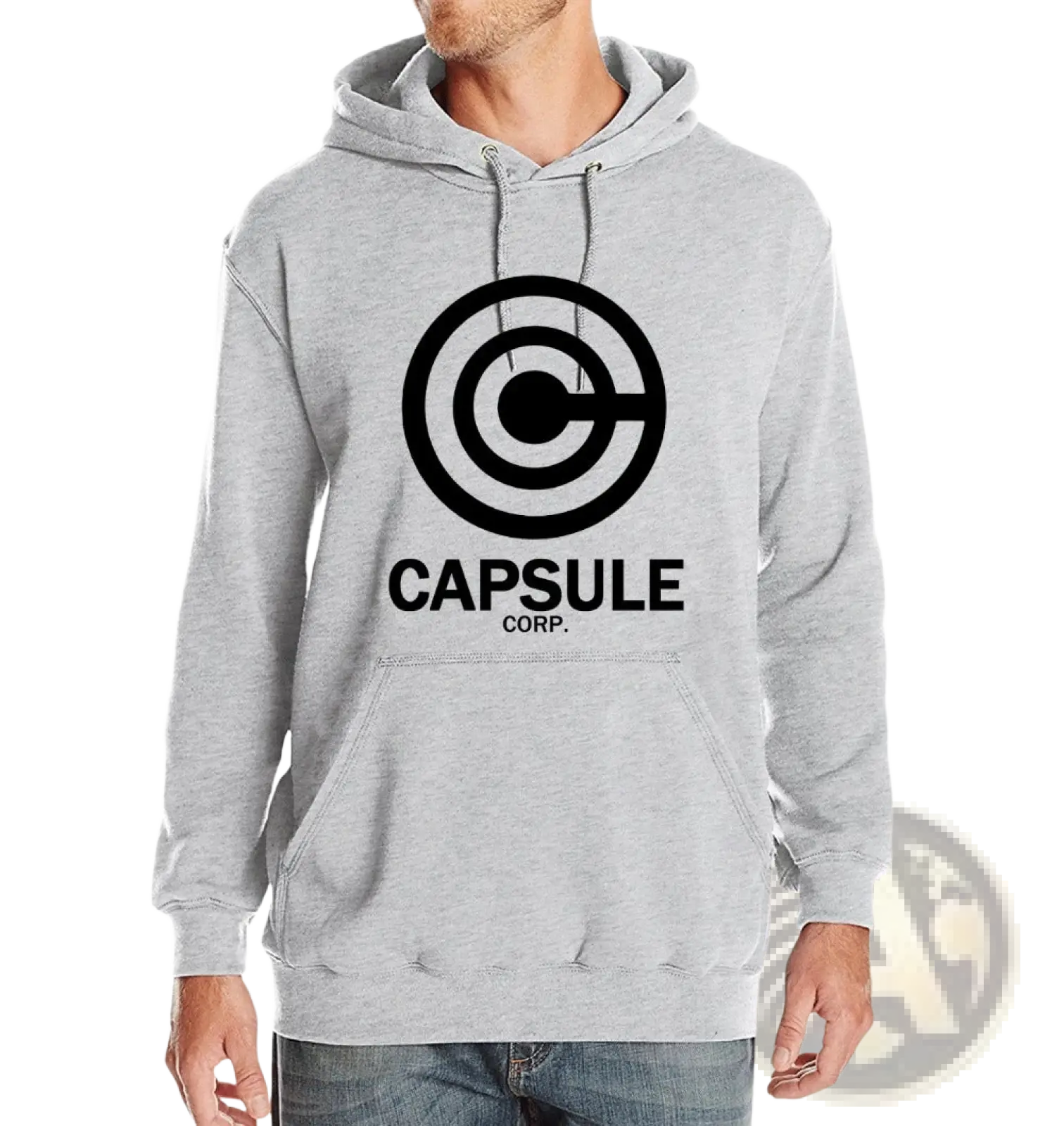 Gray hoodie made of soft fabric featuring a black capsule corp graphic print for hip hop streetwear style