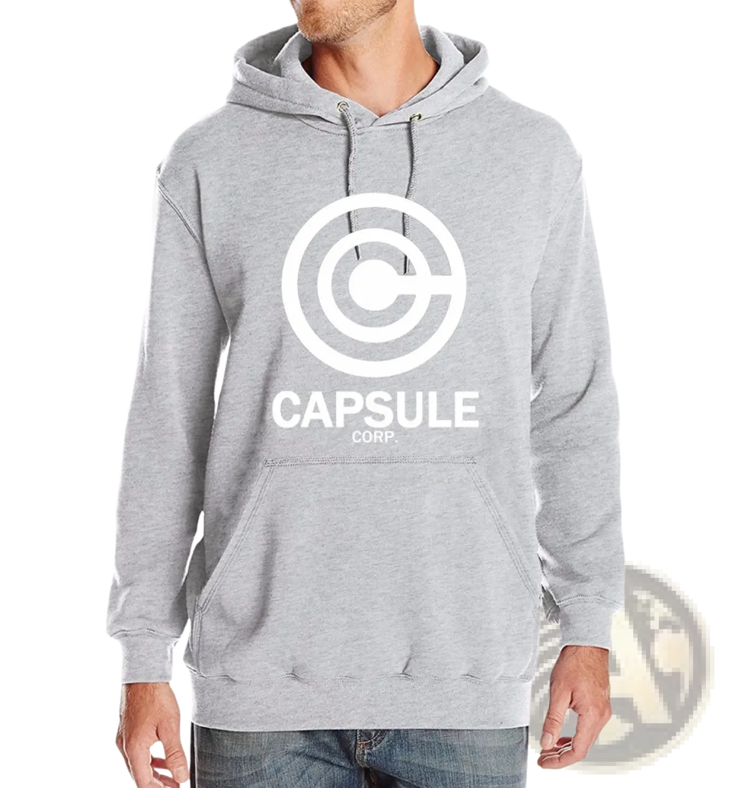 Gray hoodie with white circular capsule corp logo and text, perfect for hip hop streetwear and casual wear