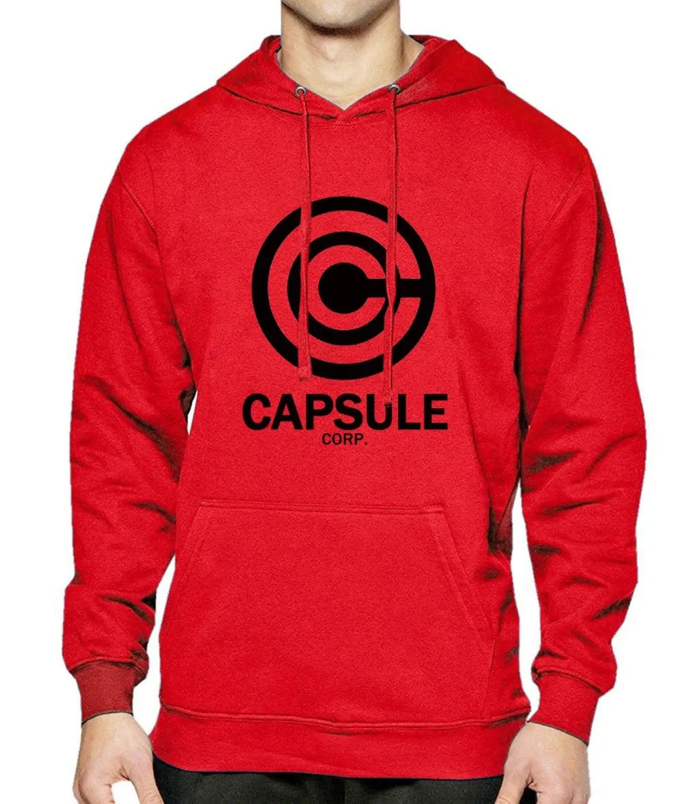 Red hoodie featuring a black Capsule Corp logo and text on the front for hip hop streetwear style