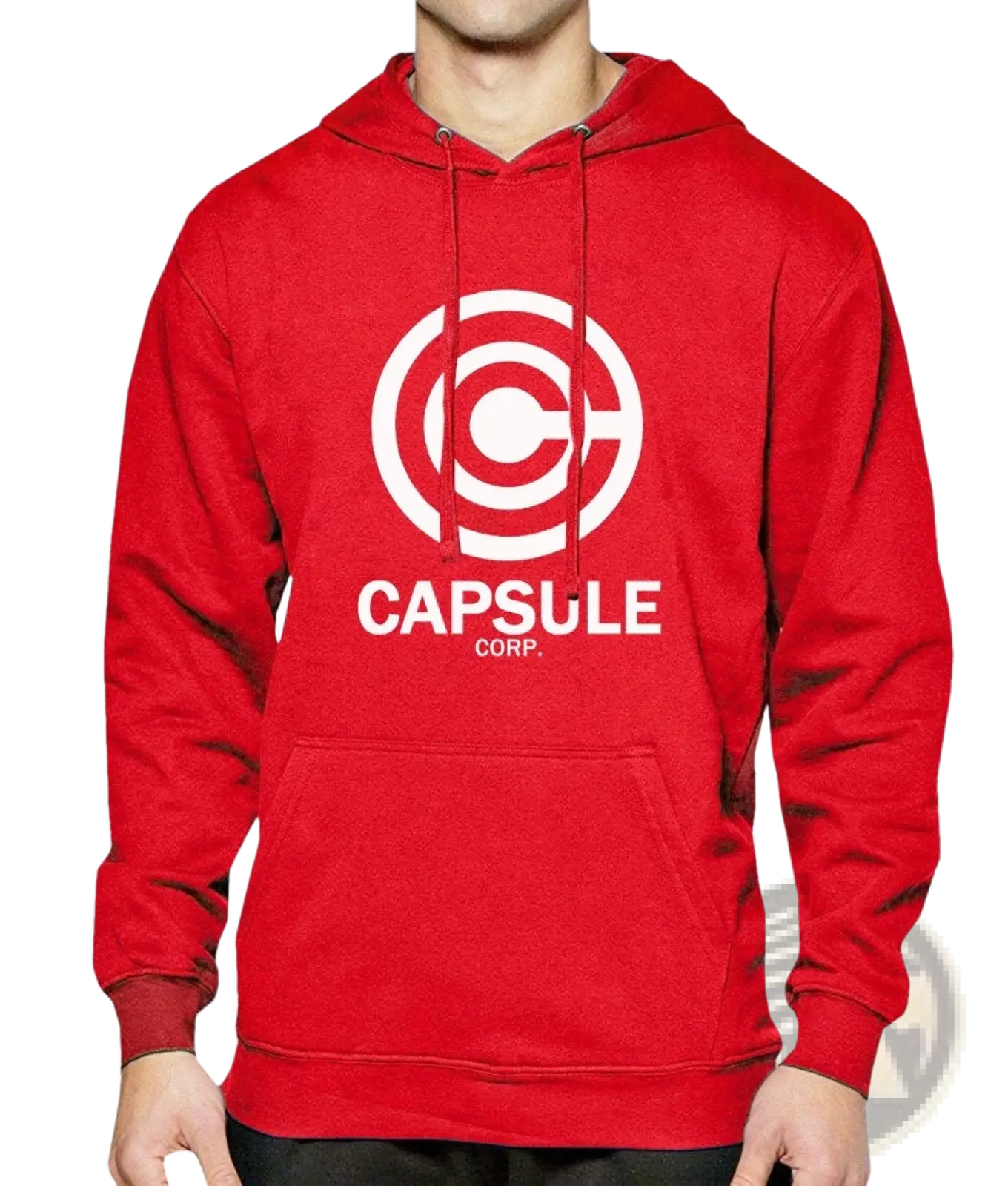 Red hoodie featuring a white Capsule Corp graphic print designed for hip hop streetwear style