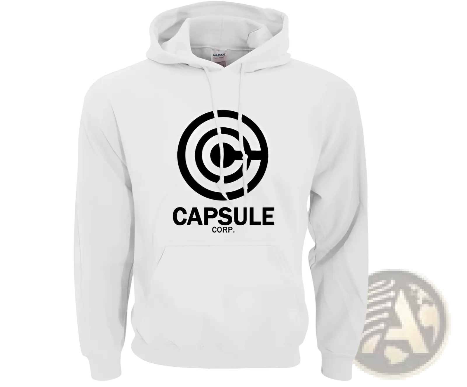 White hoodie with a black circular capsule corp logo and text designed for hip hop streetwear style