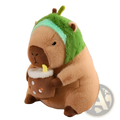 Cute brown plush capybara toy wearing a green fuzzy hat with a mint stripe holding a miniature boba tea cup